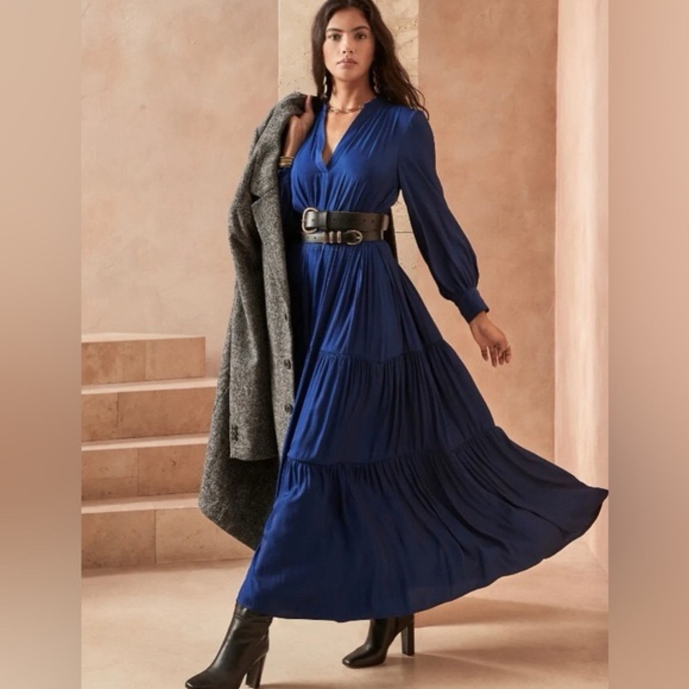 Banana Republic Navy Blue Pleated Long Sleeved Dress with Bishop Sleeves